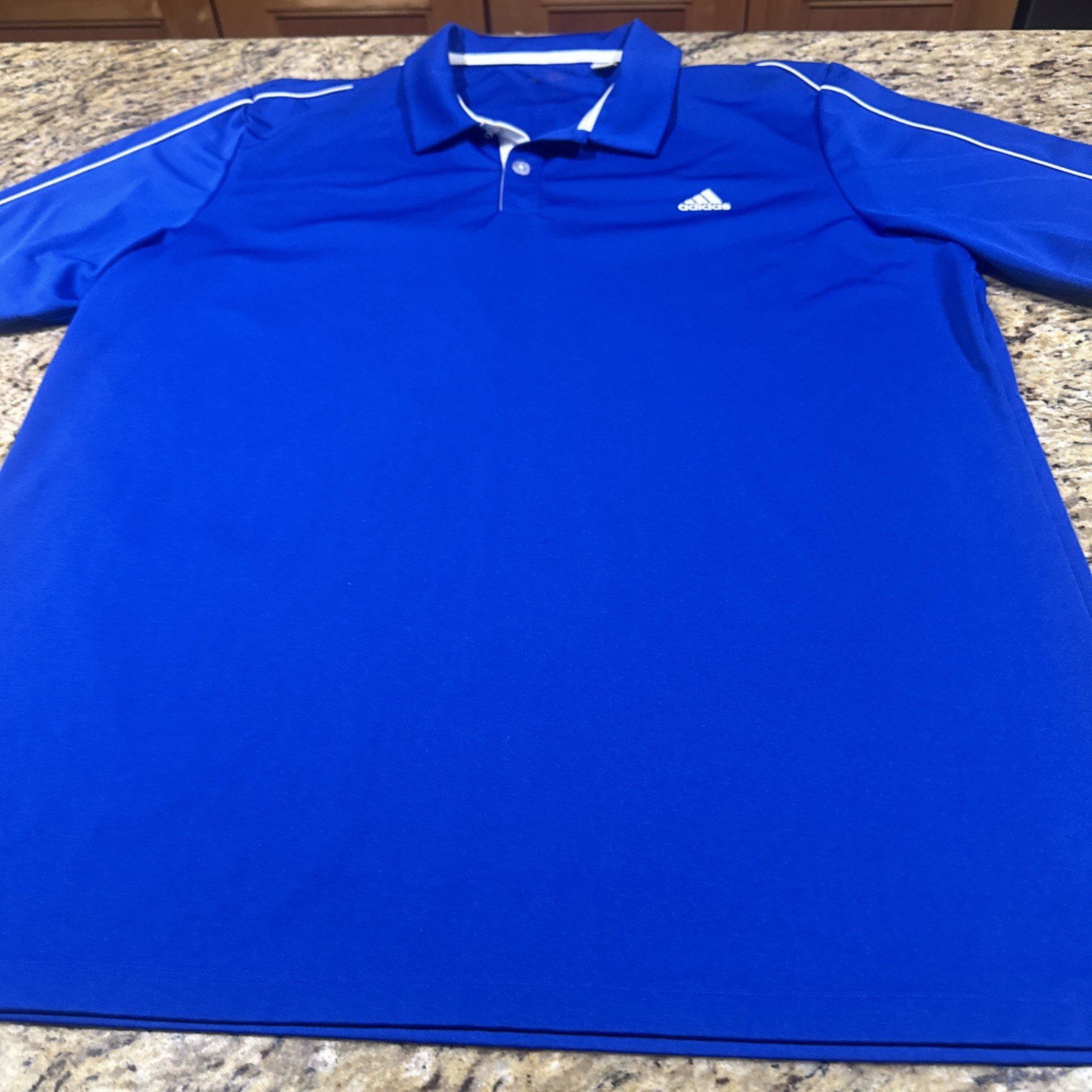 Adidas Golf Polo shirt, Men’s Large Blue With White Stripes Shoulder & Back Cpix gallery