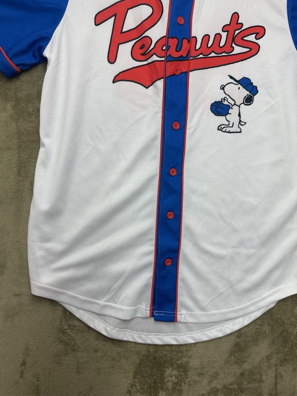 Peanuts Snoopy Baseball Jersey Medium White Blue Button Front Short Sleeve gallery