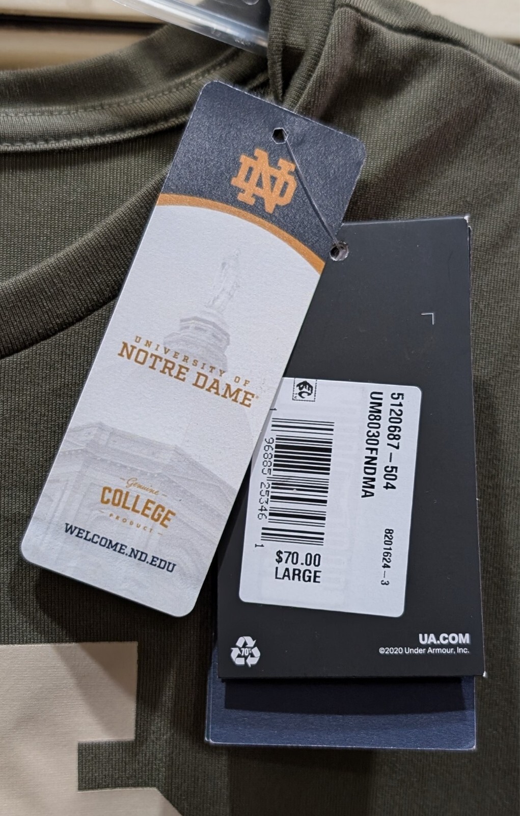 NEW Men's Large Under Armour UA Freedom Collegiate Long Sleeve Shirt Notre Dame gallery