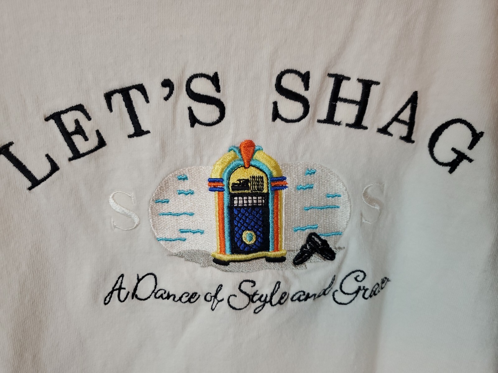 Vintage 90s Embroidered SOS "LET'S SHAG" Shaggers Tshirt Jukebox Shag Dance Sz L gallery