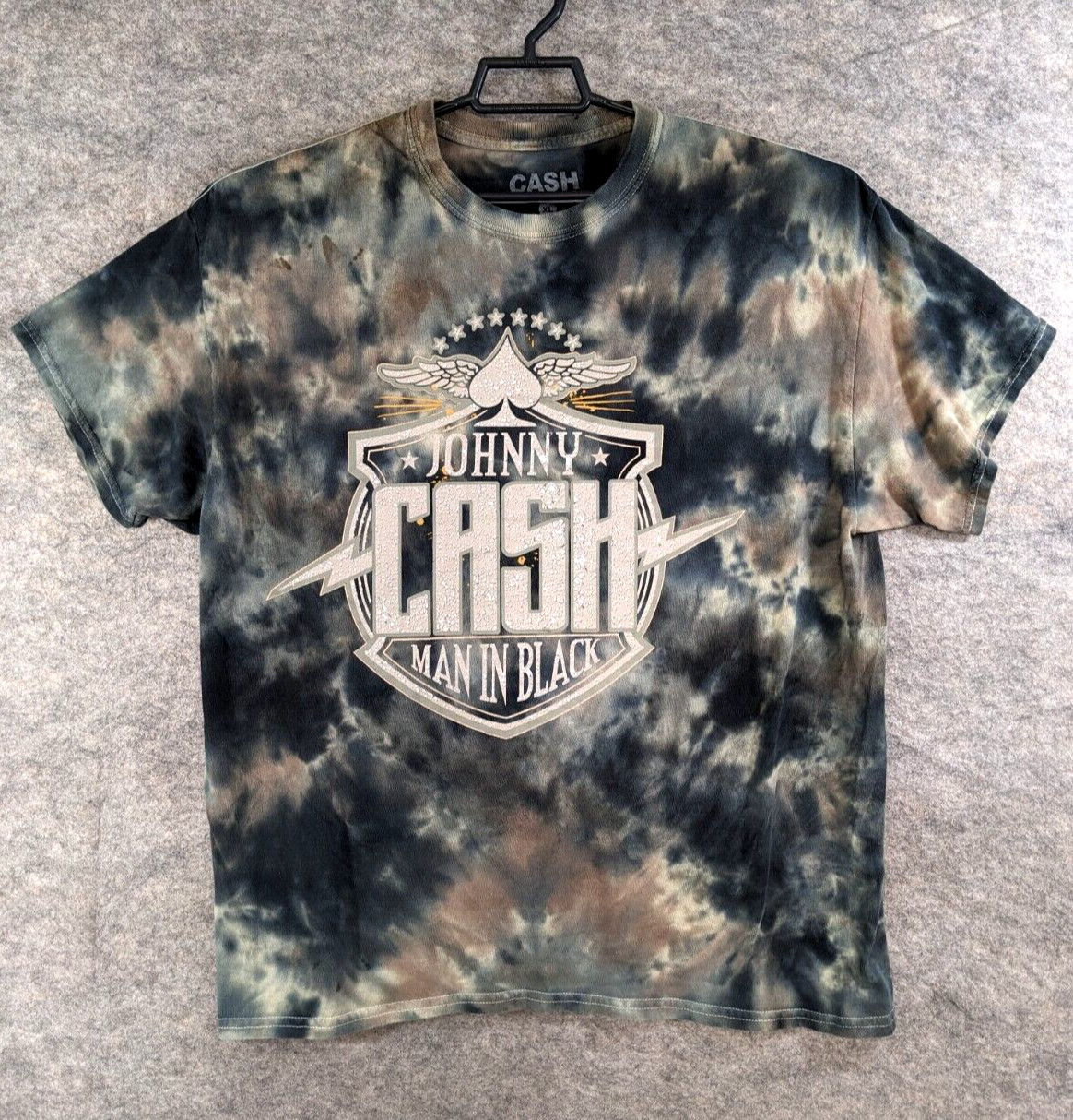Johnny Cash T-Shirt Mens Extra Large Black Gray Beige Tie Dye Man In Black Wings gallery