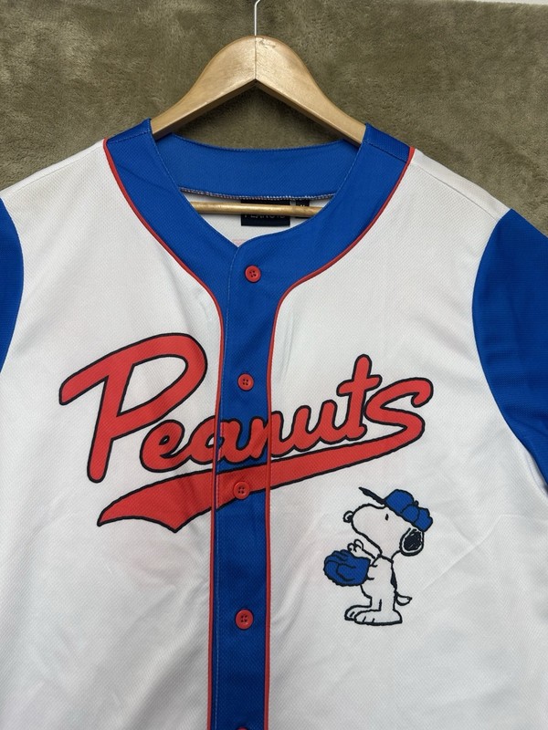 Peanuts Snoopy Baseball Jersey Medium White Blue Button Front Short Sleeve gallery