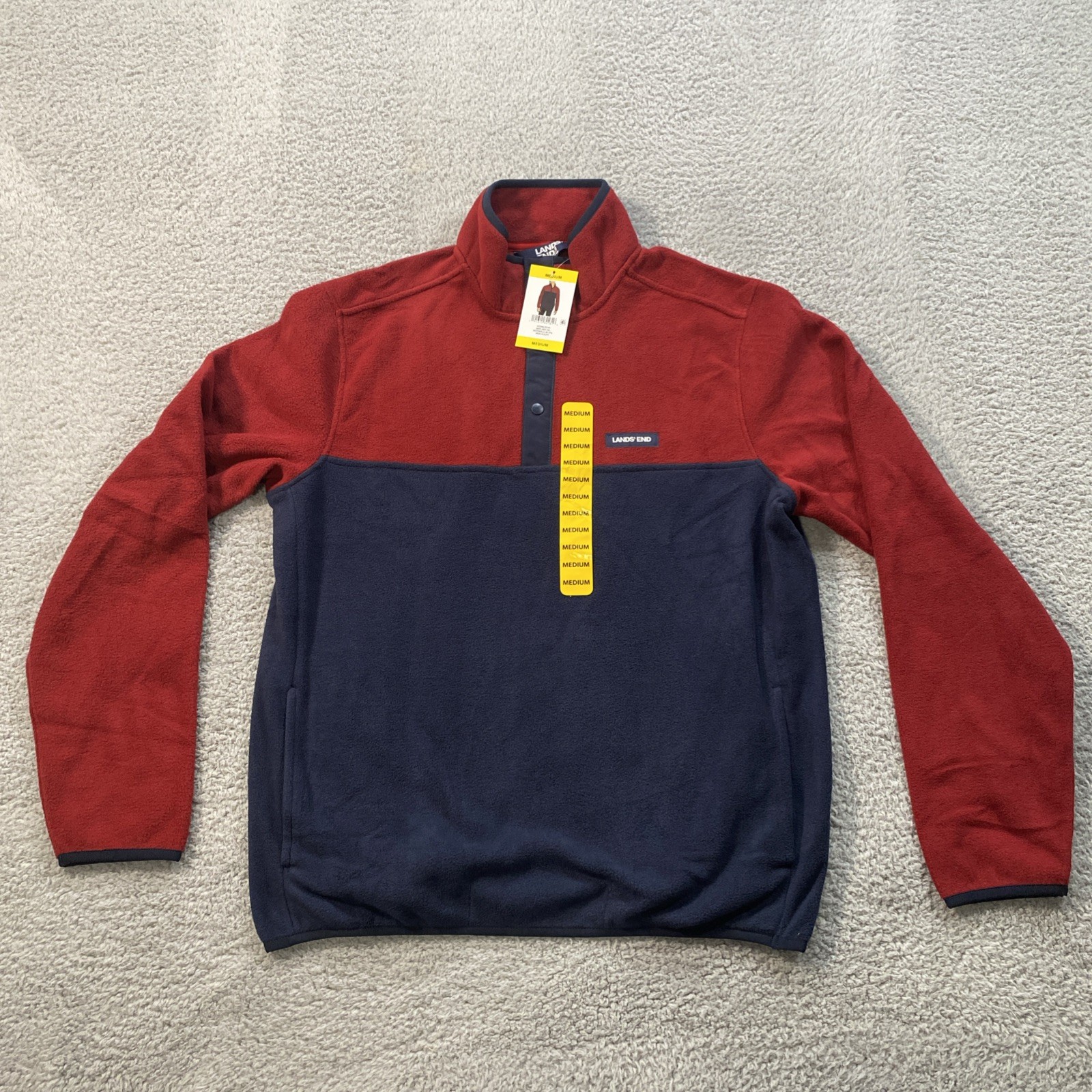 NWT Lands' End Fleece Pullover 1/4 Button Burgundy Navy Men's Medium FREE SHIP gallery