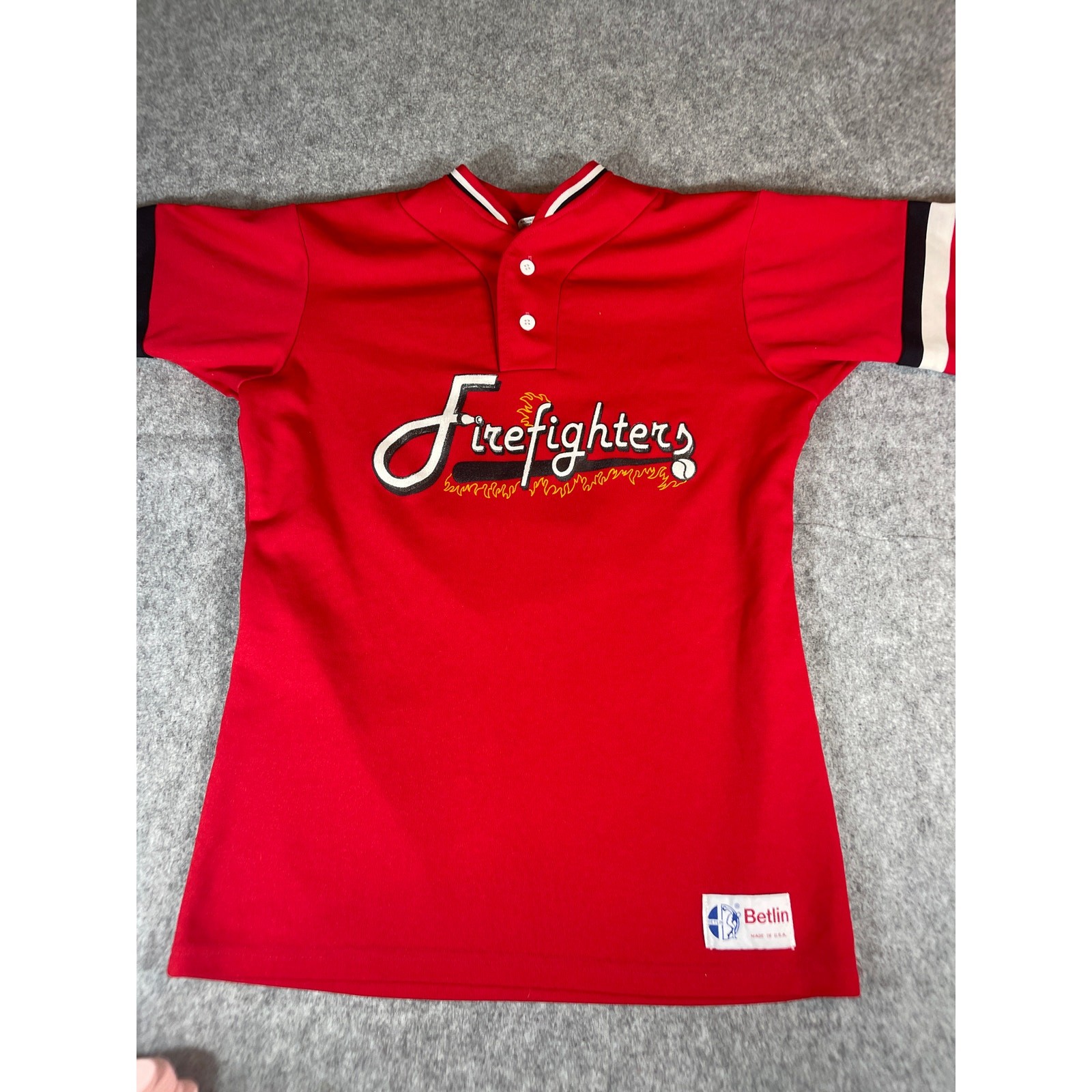 Vintage Firefighters Betlin Polo Shirt Mens Large Red Flame Baseball Sportswear gallery