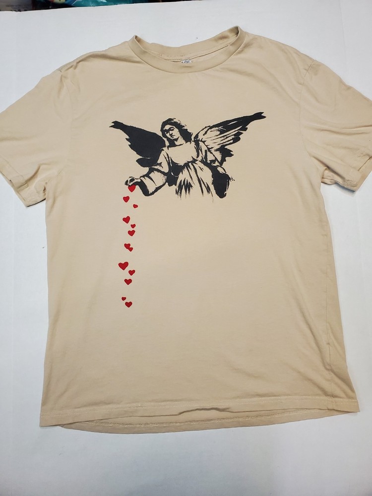 Brandalised Banksy Angel Hearts Graphic T-Shirt Graffiti Art Beige Size L