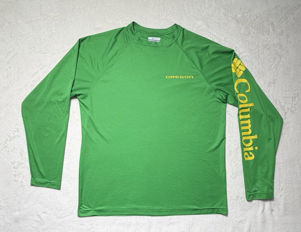Columbia PFG University of Oregon Long Sleeve Shirt Green Yellow Men's Size M