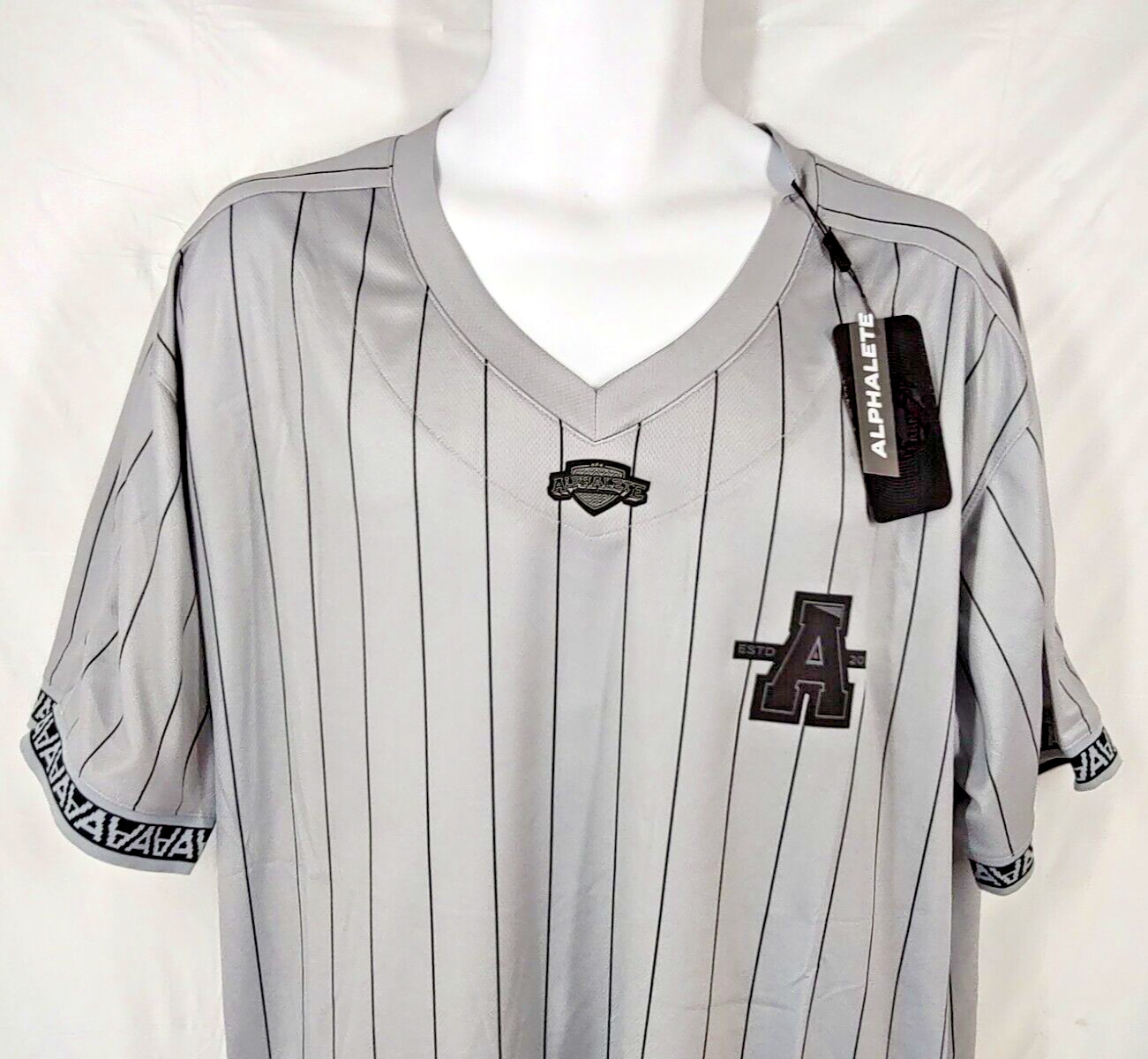 Alphalete Varsity Baseball Jersey T Shirt 15 XL Gray Pin Striped NFL New Graphic gallery