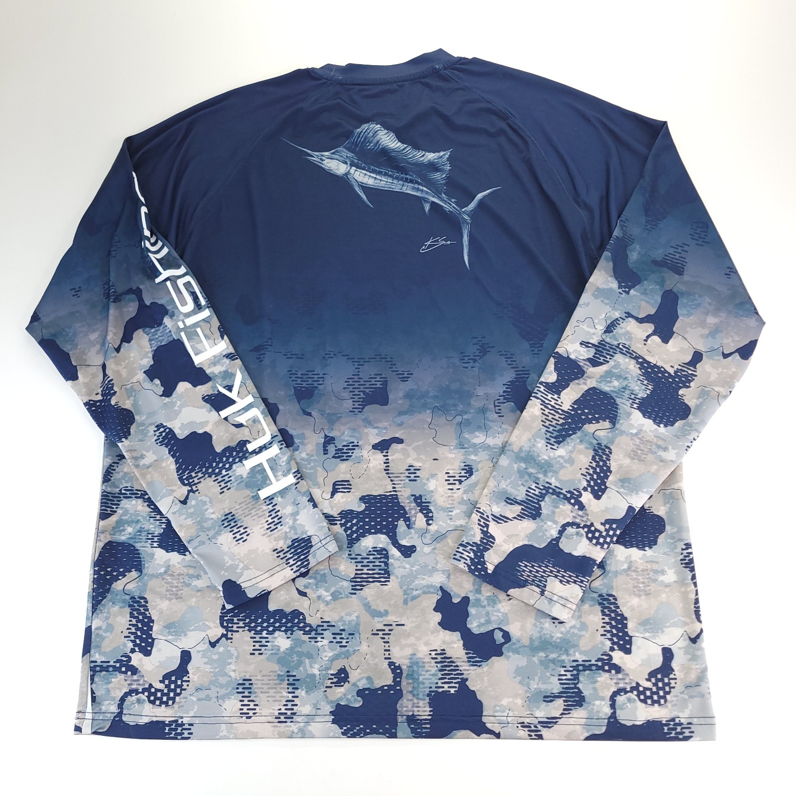 Huk Performance Fishing Shirt Mens Large Blue Camo Print Marlin Print on Back gallery