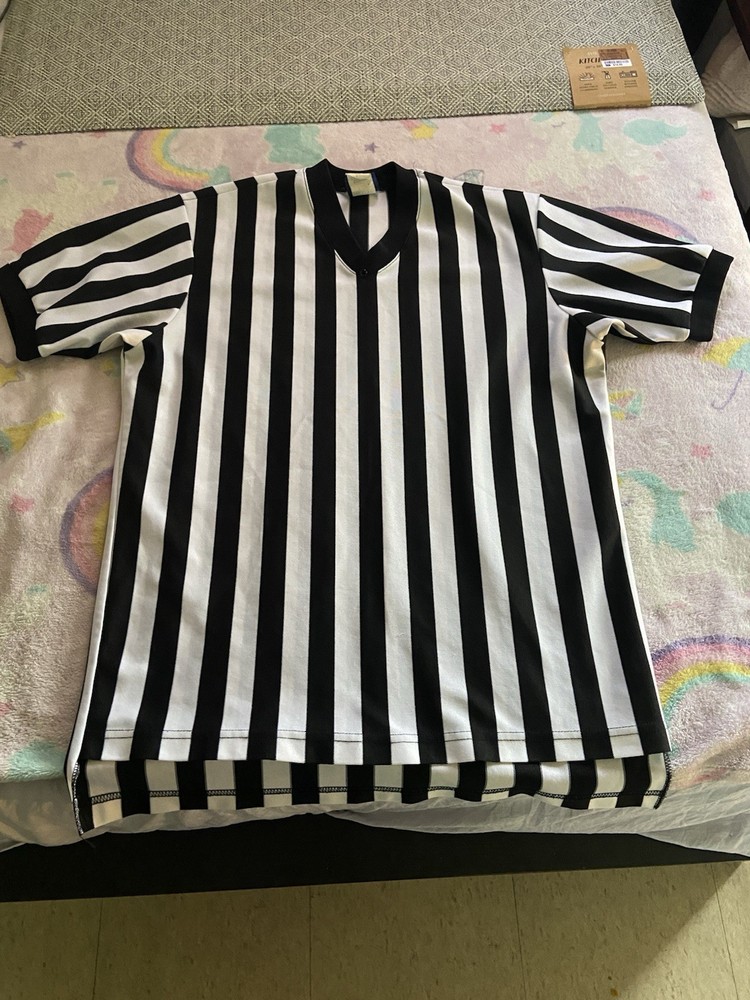 Men's Black/White Striped V-Neck Referee Jersey T-Shirt Breathable L