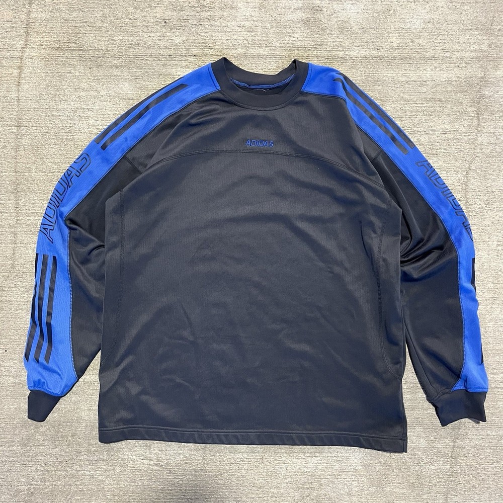 VTG Adidas Men's Center Logo Polyester Pullover Long Sleeve Shirt Gray/Blue XL