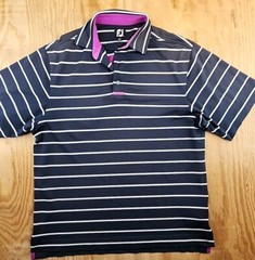 FJ Foot Joy Blue Striped Golf Polo Shirt Mens Medium Lightweight
