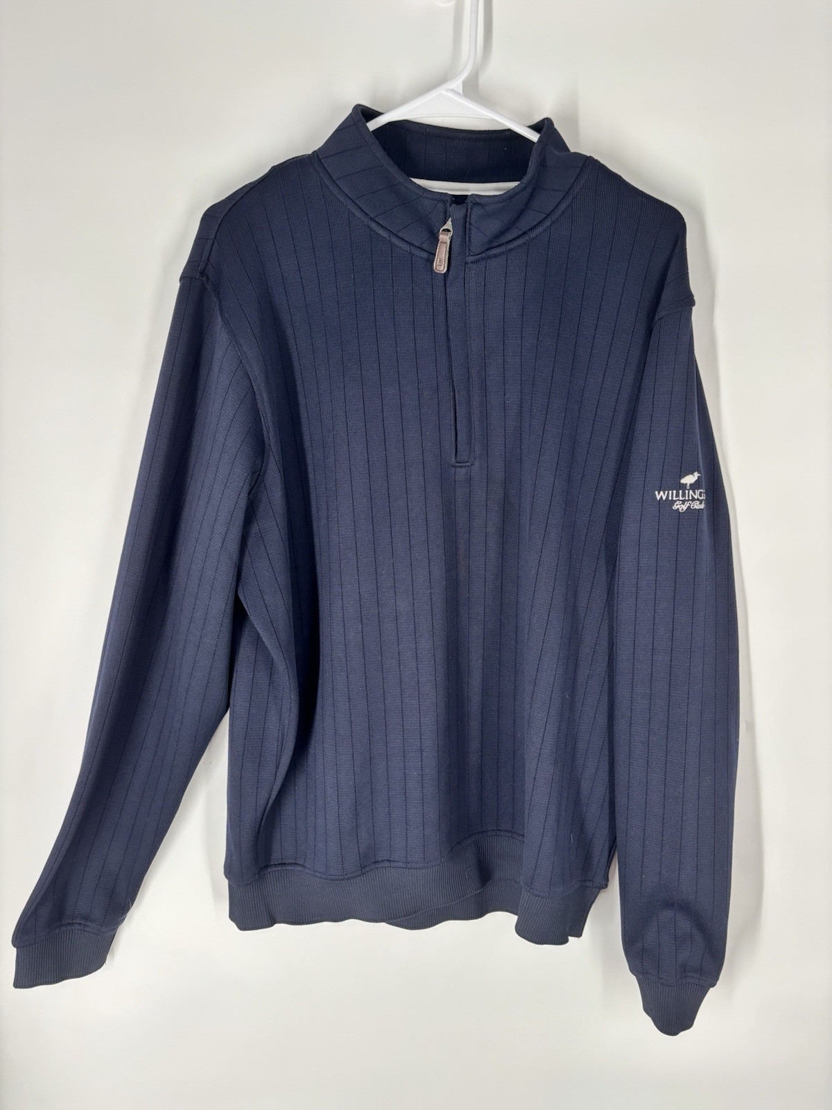 FootJoy Mens 1/4 Zip Drop Needle Ribbed Pullover Large Navy Willingers Gold Club gallery