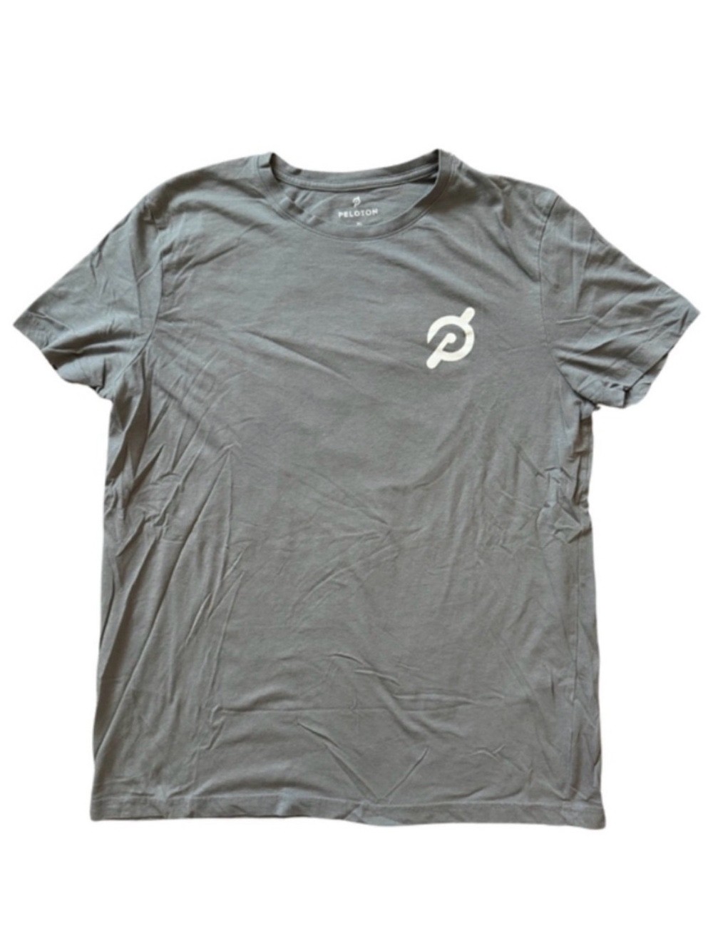 Peloton Men's Workout Tee Shirt Short Sleeve Gray with Blue and Yellow Logo XL gallery