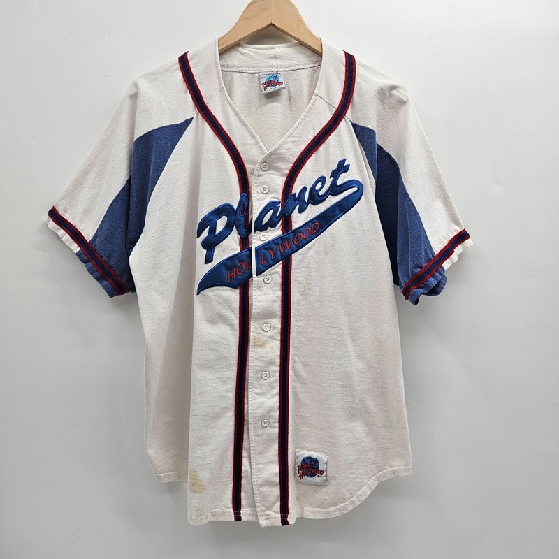 Vintage Planet Hollywood Baseball Jersey Shirt Men's Size Large White Blue Red gallery