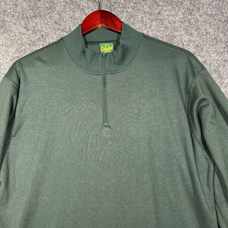 Cabelas Pullover Top Mens Large 1/4 Zip Green Knit Thumb Holes Ribbed Cuffs gallery