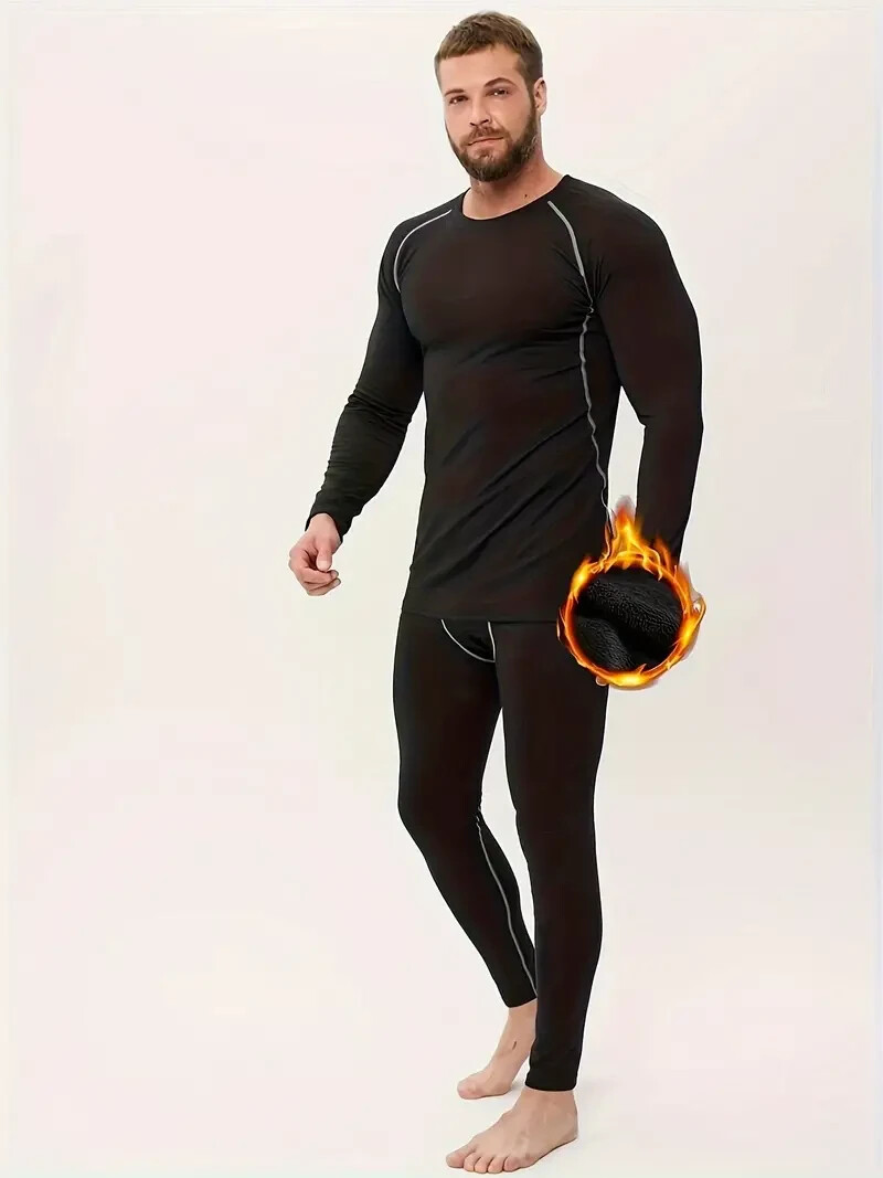 Men's Fleece-Lined Thermal Compression Sports Set - Long Sleeve Crew Neck Size L gallery