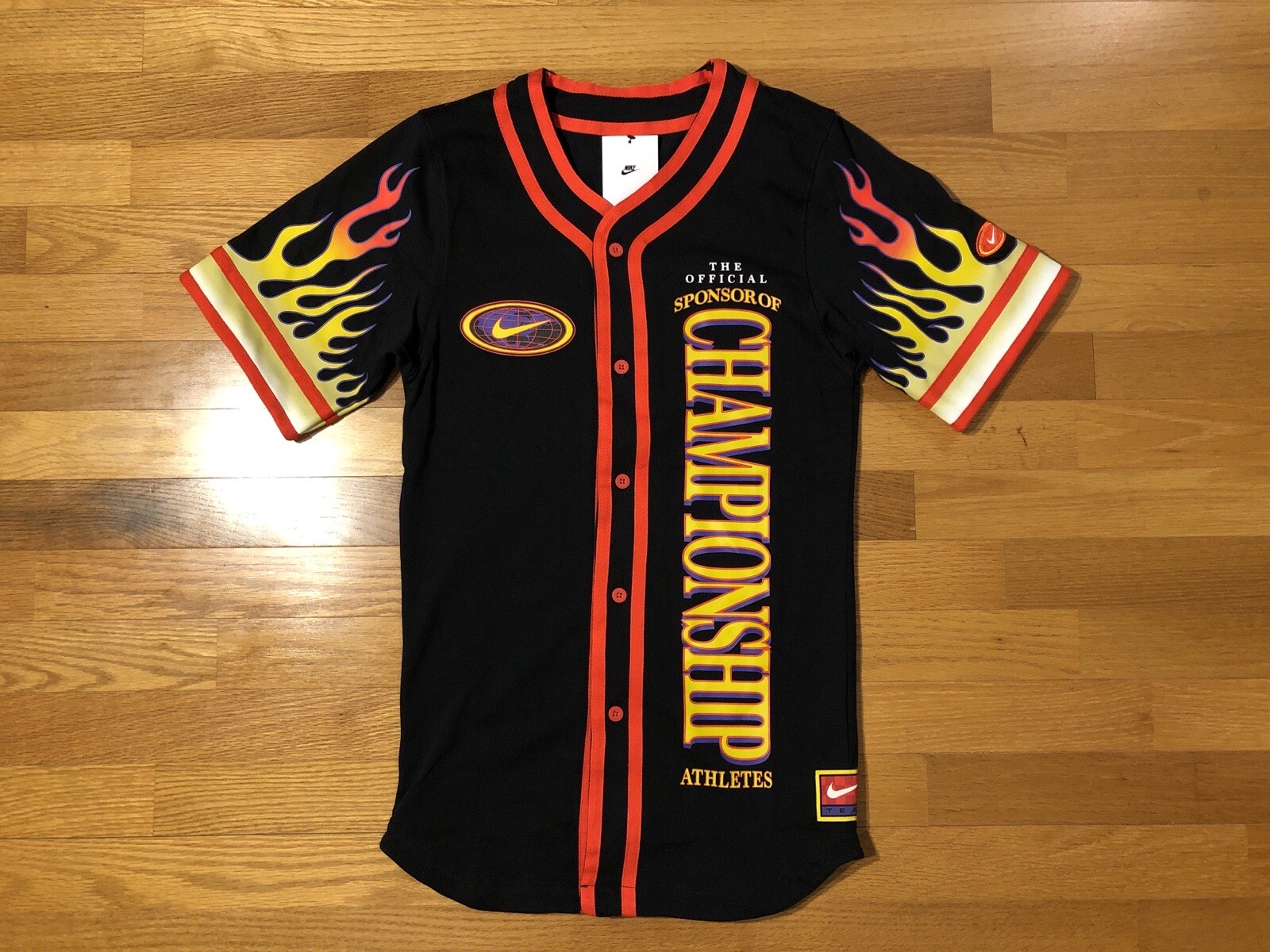 New M Nike Americana Flames Baseball Jersey Button Up Shirt Black DV9642-010 gallery