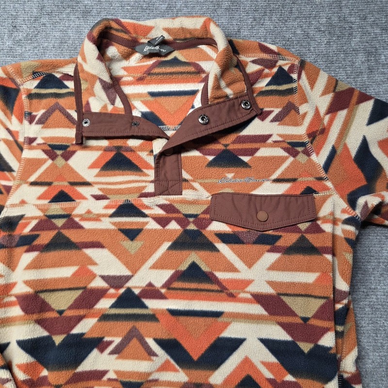 Eddie Bauer Pullover Mens Medium 1/4 Zip Fleece Orange Aztec Geometric Shirt gallery