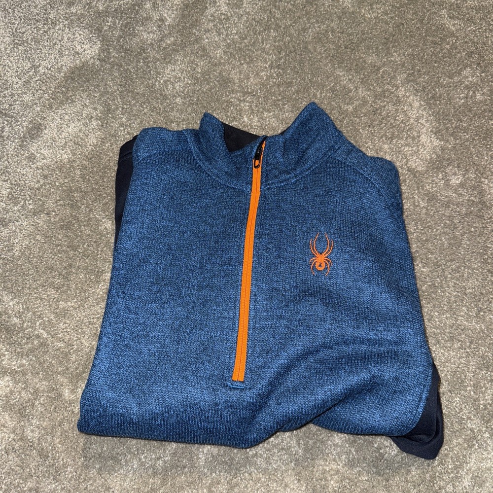 Spyder Sweater Mens XL Blue Black Orange Ribbed Knit Fleece 1/4 Zip Pullover Ski