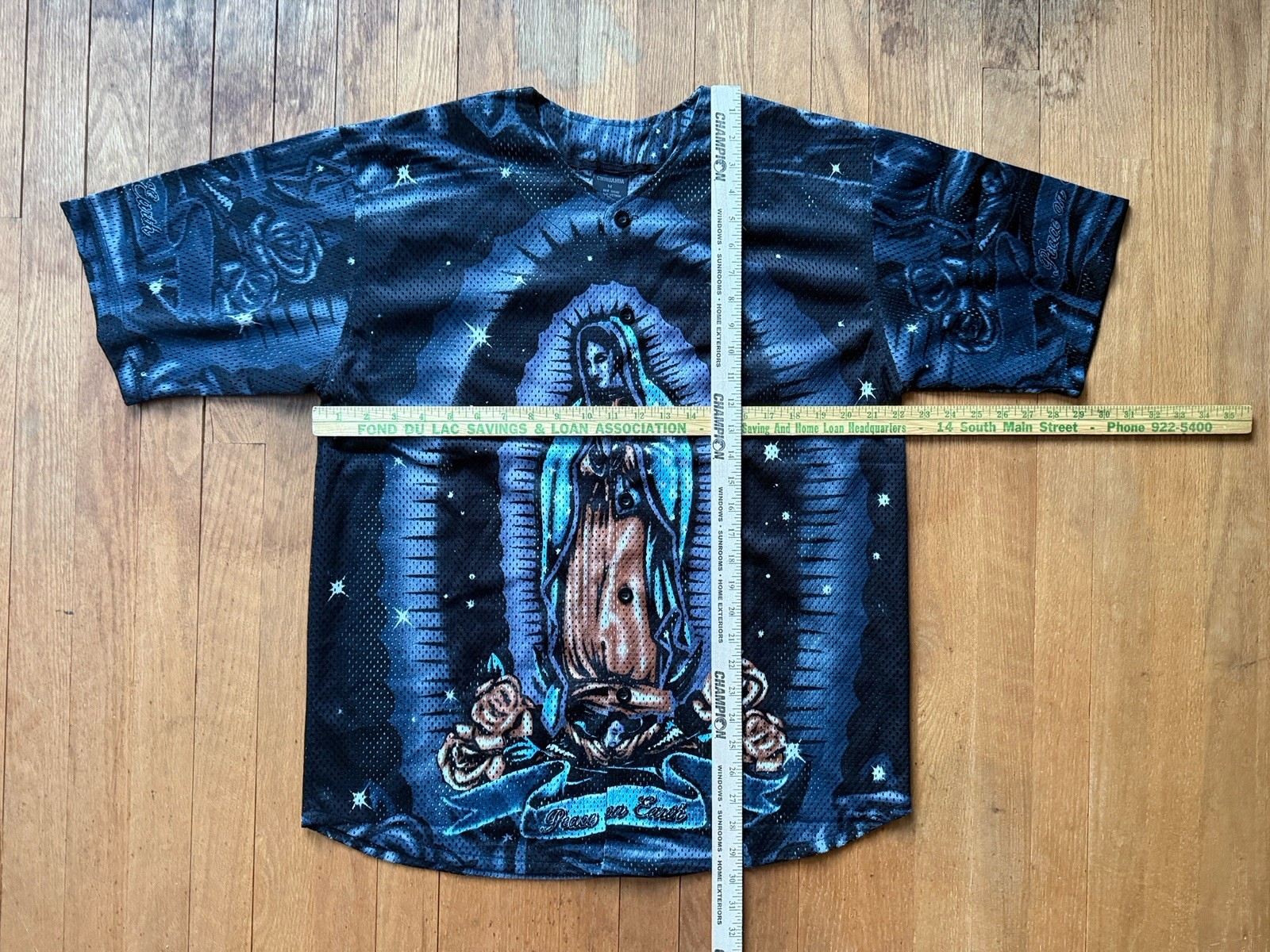 Vintage 90s Virgen Guadalupe Chicano Mesh Button Up Jersey Size M All Over Print gallery