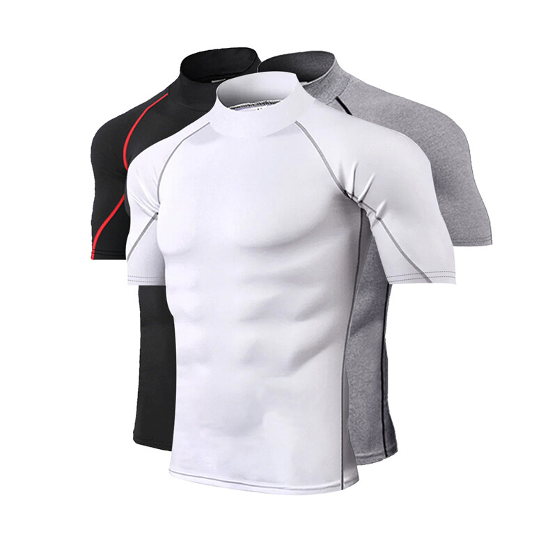 Men's High Neck Base Layer T-shirt Muscle Compression Quick Dry Gym Top Shirts gallery