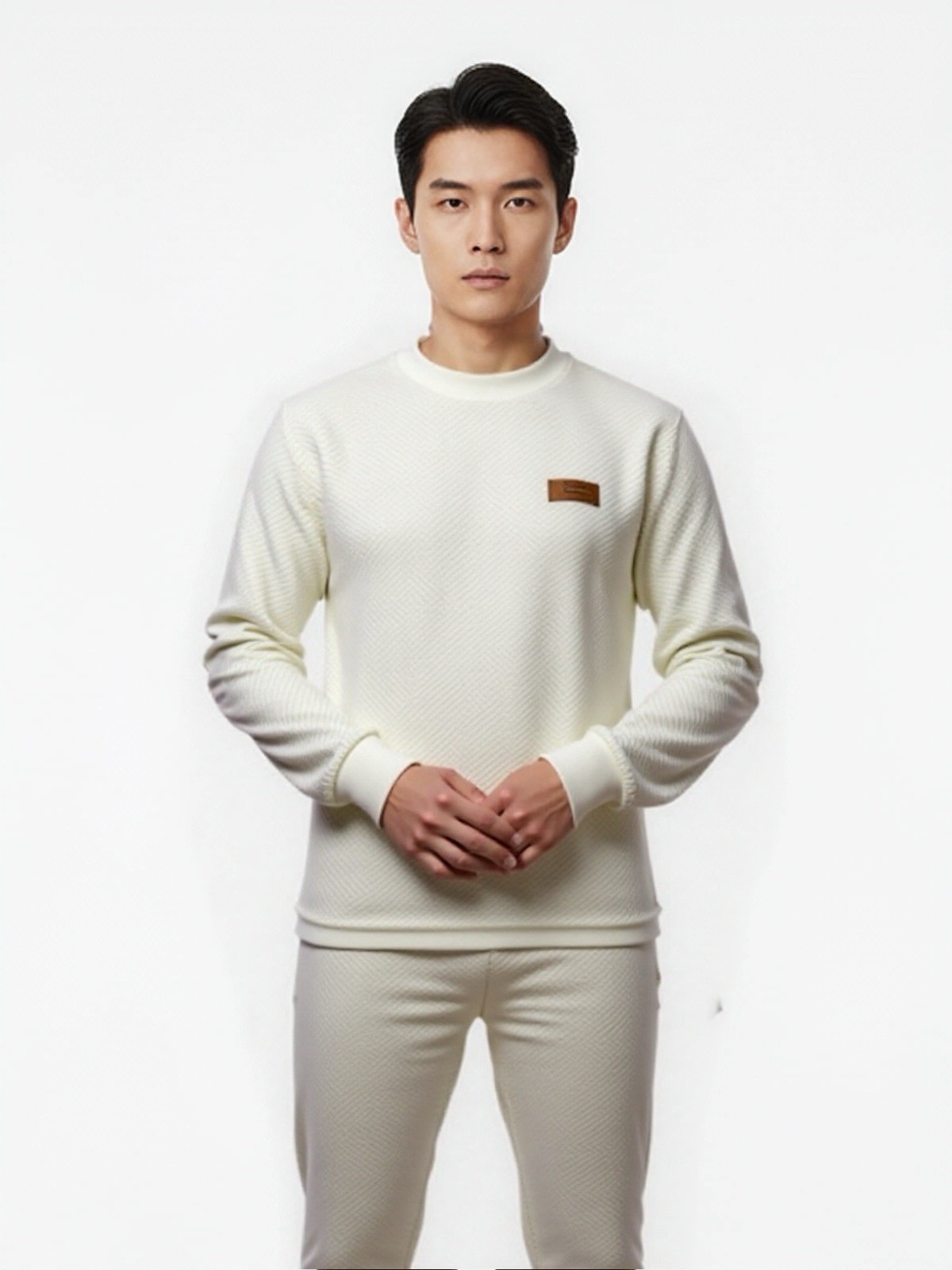 New Men's Ribbed Round Neck Long Sleeve T-Shirt Beige Size XXL (Skinny Fit) gallery