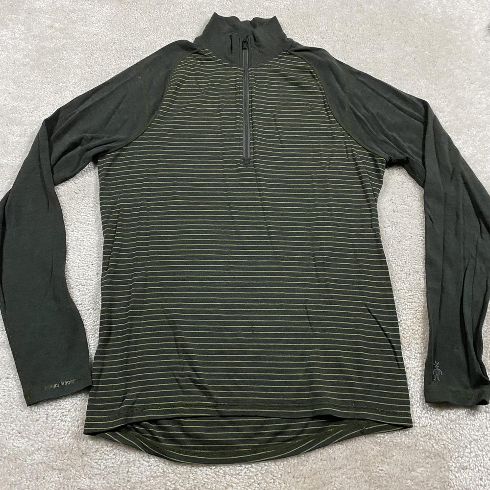 Smartwool Pullover Mens L Green Striped 1/4 Zip Merino Wool Base Layer Top