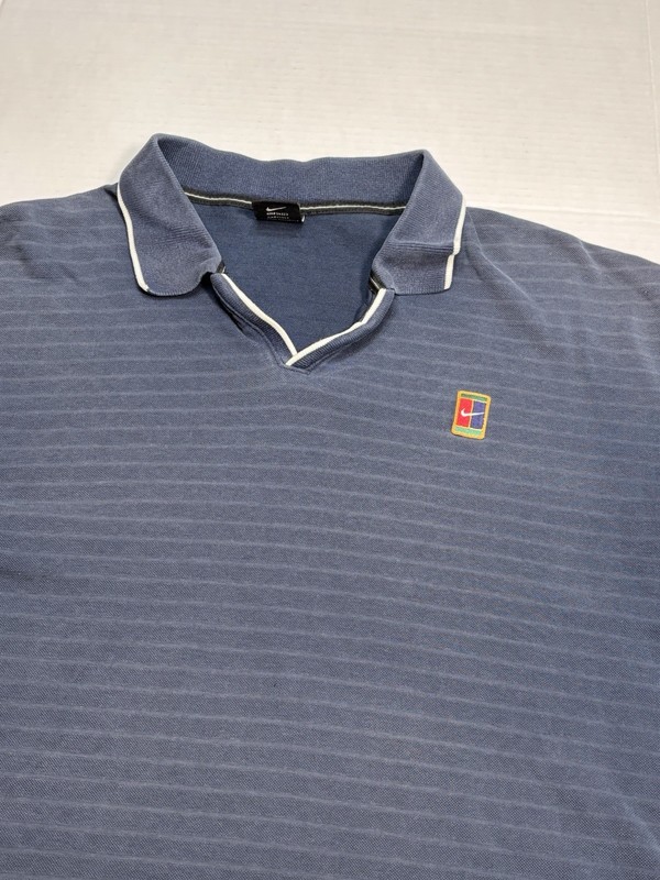 Vintage NikeCourt Heritage Tennis Polo Men’s Large Blue Striped Multi-Color Logo gallery