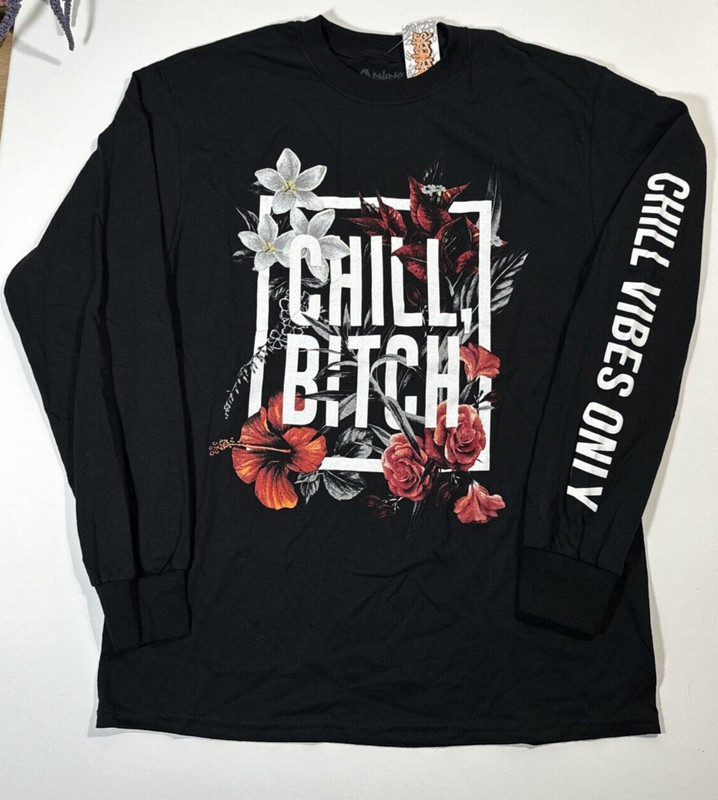 Men Logo Tee T-Shirt Medium M Black Long Sleeve Chill Vibes Only Flowers gallery
