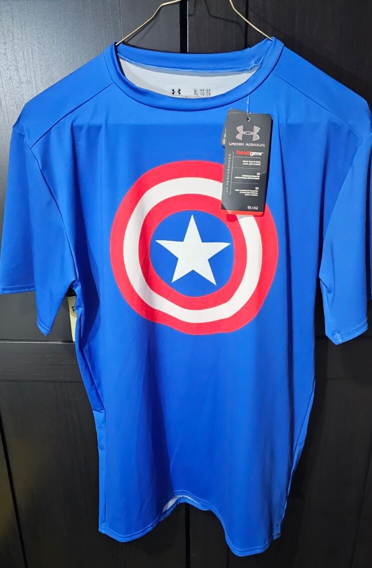Under Armour Captain America Blue Short Sleeve Compression Shirt Men's XL NWT gallery