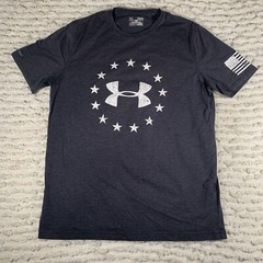 UNDER ARMOUR MENS MEDIUM GRAY SHORT SLEEVE SHIRT CREW NECK AMERICAN FLAG MILITAR