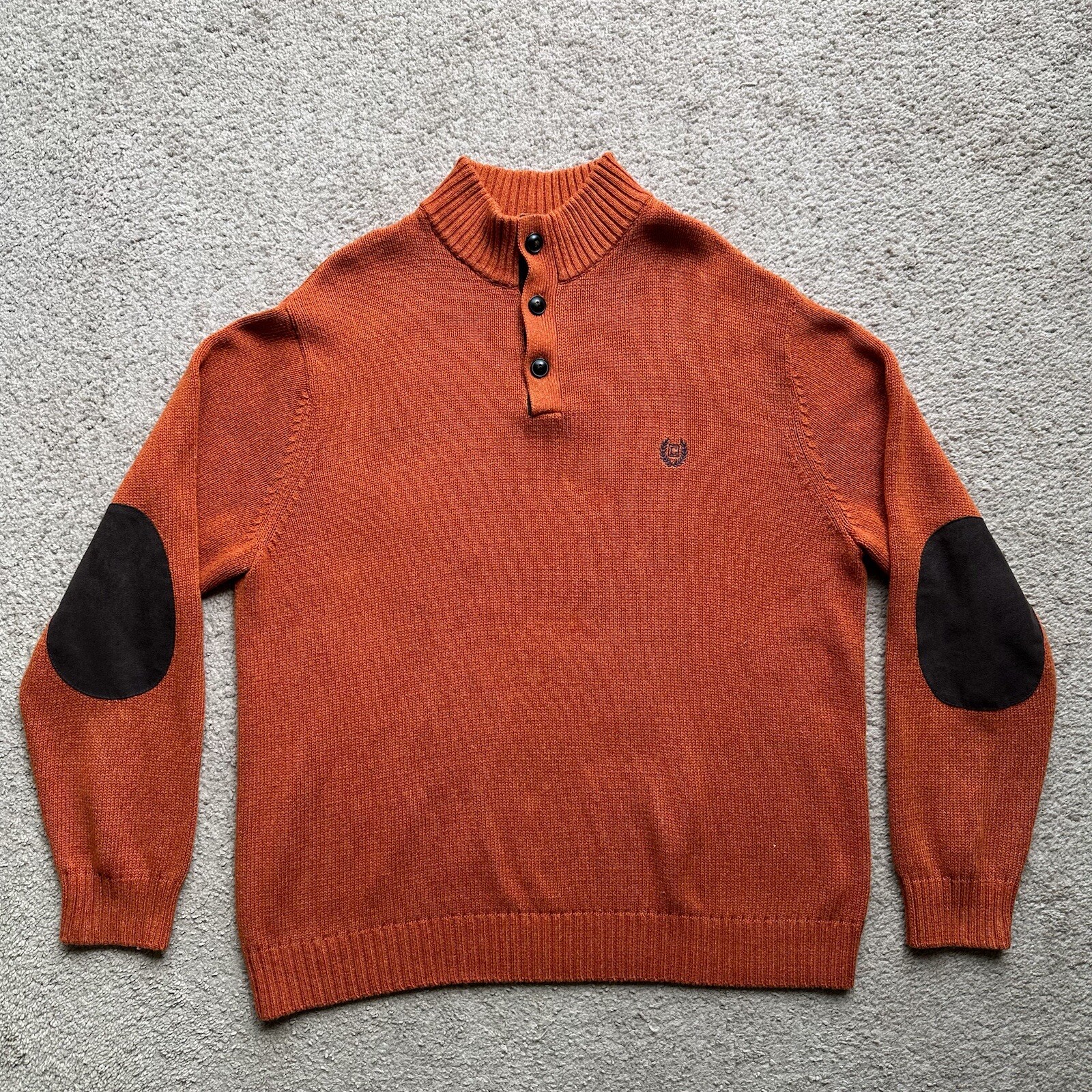 Chaps Sweater Mens XL 1/4 Button Mock Neck Long Sleeve Elbow Pads Orange gallery