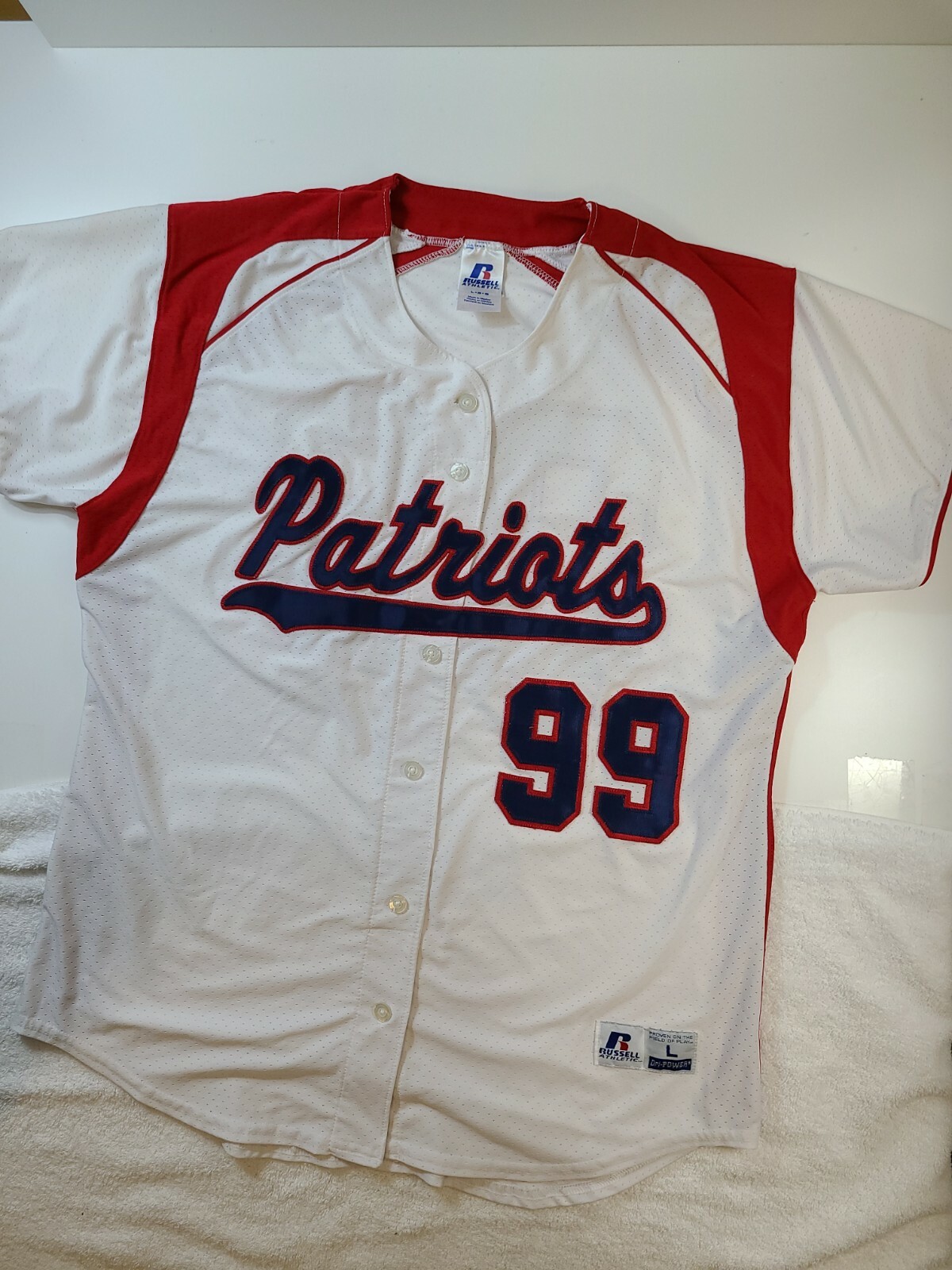 Russell Mens Large Patriots Dri-power White Red Blue Jersey gallery