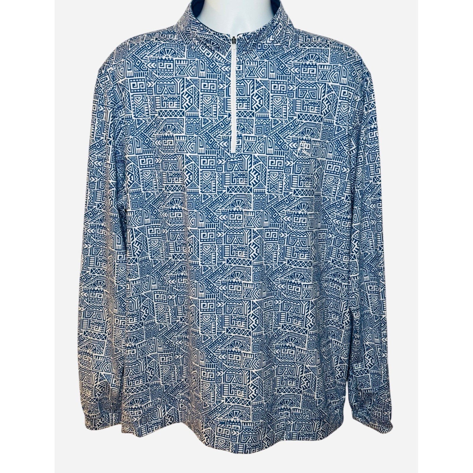 Rhoback Mens XXL Quarter Zip Pullover Blue Geometric Tribal Print Golf Top L/S gallery