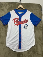 Peanuts Snoopy Baseball Jersey Medium White Blue Button Front Short Sleeve
