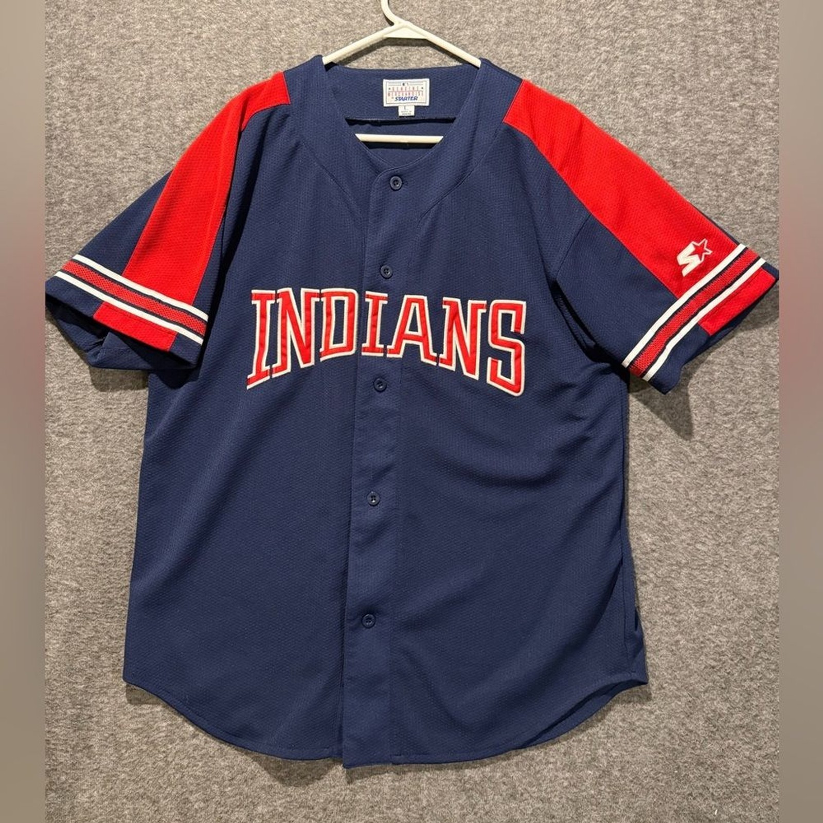 Cleveland Indians Vtg Starter Baseball Jersey Men L blue red thick knit stitched gallery