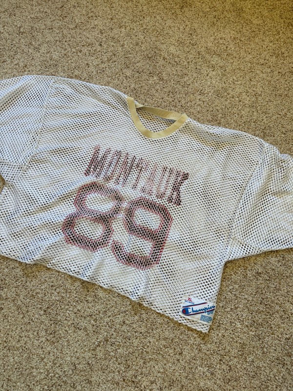 Vintage 80s Champion Montauk Football White Mesh Cropped Football Jersey Sz XL gallery
