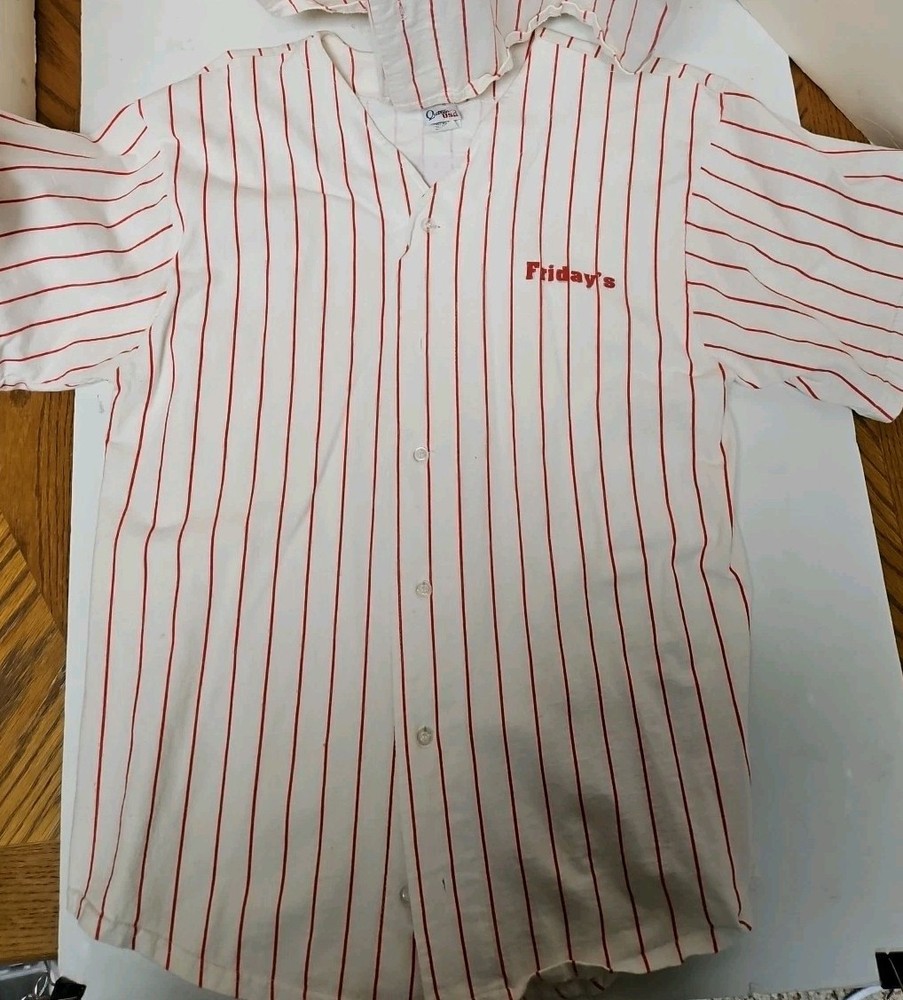 2 TGI Fridays Pinstripe Baseball Button Jersey Mens Large 100% Cotton USA