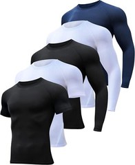 4/5 Pack Workout Compression Shirts Men Medium, 2 Black 2 White 1 Blue