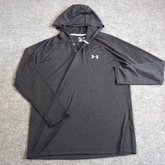 Under Armour Pullover Men Medium Gray Henley Long Sleeve Loose Hood Heat Gear