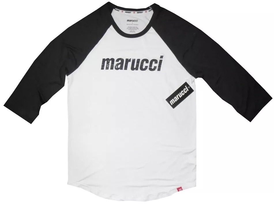 NEW MARUCCI BASEBALL T SHIRT L MENS SOFTBALL WH BLACK RAGLAN 3/4 SLEEVE TRAINING