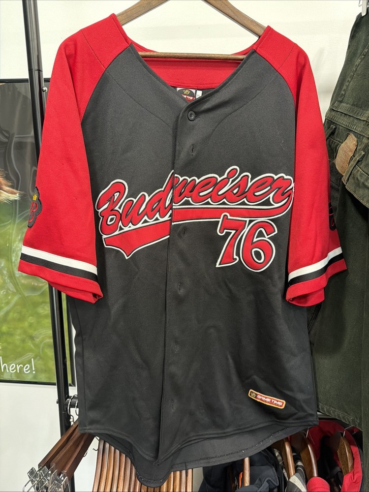Budweiser Baseball Jersey Mens Large Game Time Button Up Black Red Beer