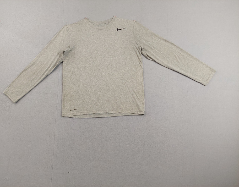 Nike Men Athletic Shirt M Gray Dri Fit 100% Polyester Logo Long Sleeve Crew Neck
