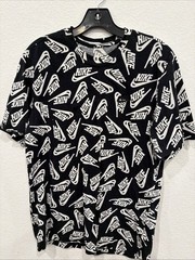 Nike Mens Graphic T-Shirt M Black White All-Over Swoosh Print Short Sleeve