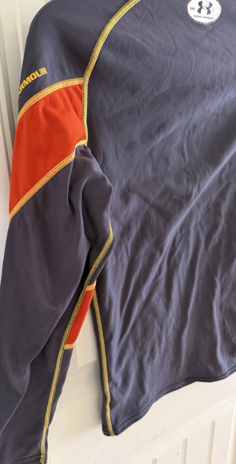 Under Armour Size S Fitted Heat Gear Dark Gray and Orange Long Sleeve Shirt gallery