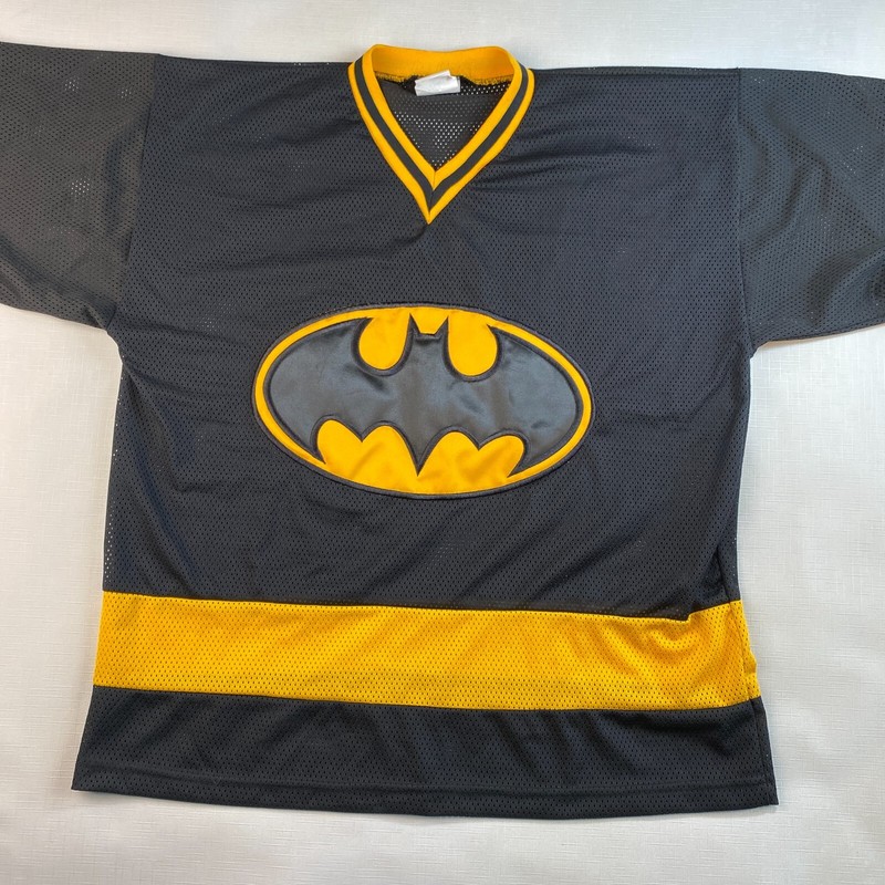 VTG 2000 BATMAN "6 FLAGS" MESH JERSEY! Y2K Black Yellow Long Sleeve Sz Adult S gallery
