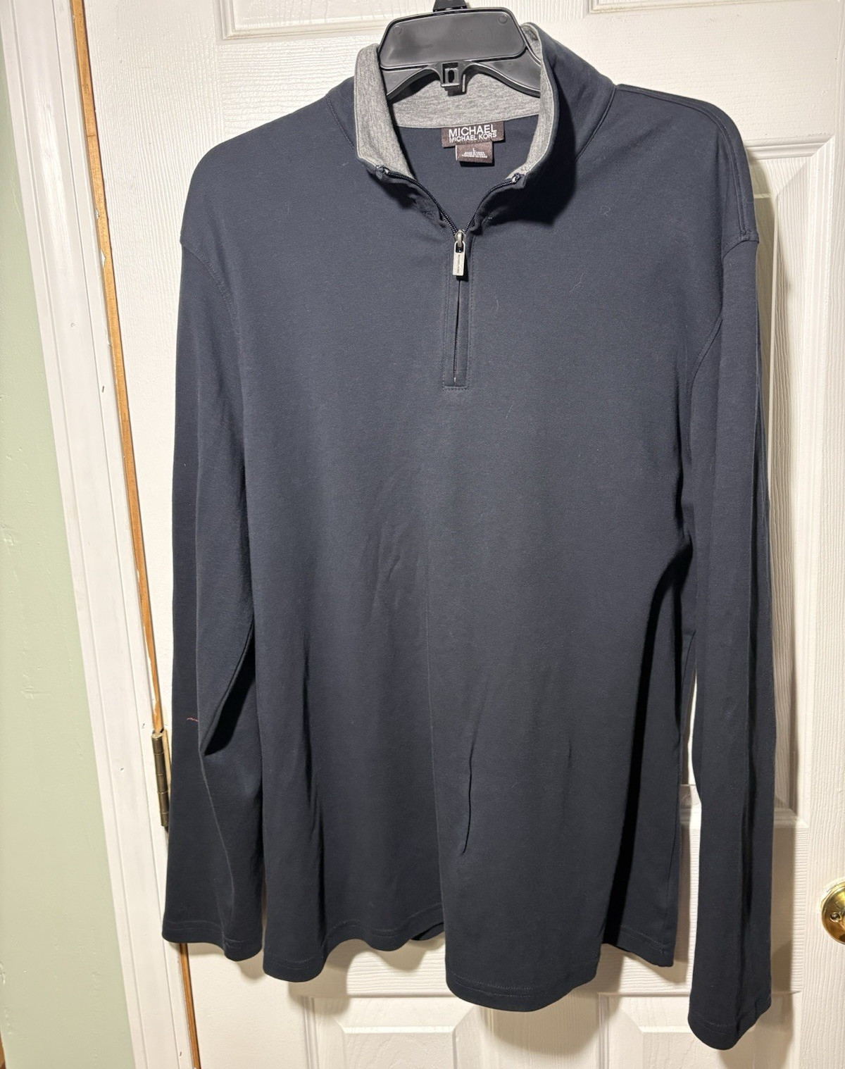 Michael Michael Kors Men's L Navy Solid Cotton 1/4 Zip Mock Neck Pullover Logo gallery