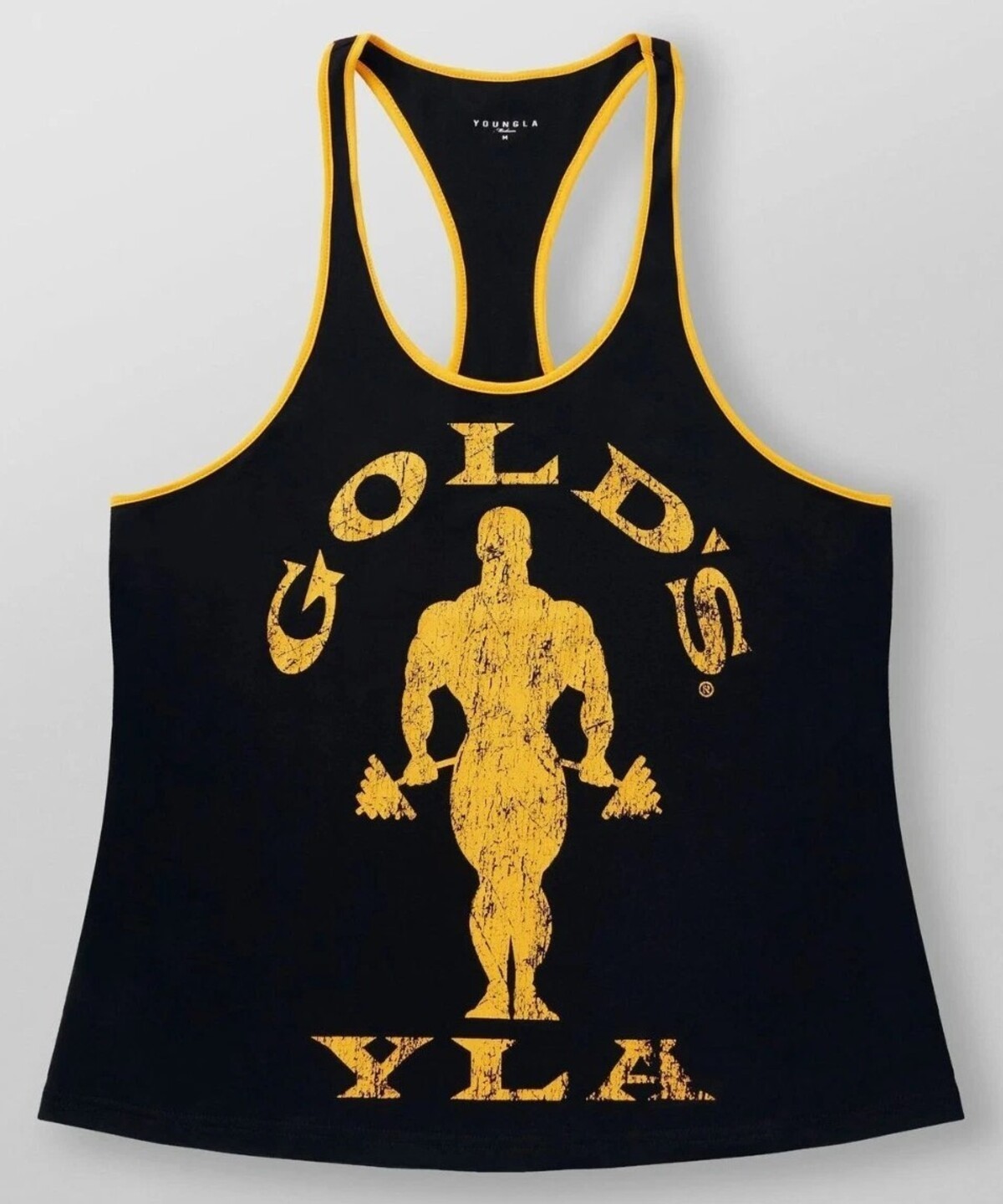 YLA x Gold's Ringer Tank Muscle Gym Workout Train Running L Cotton BLK/GOLD NIB! gallery