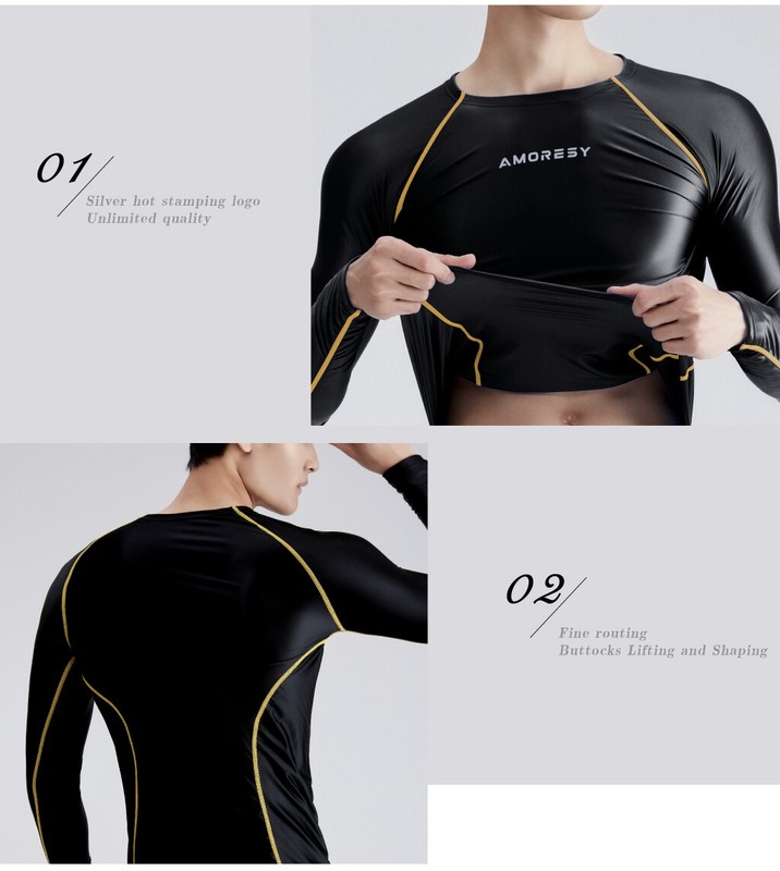 AMORESY Men Glossy Activewear Tops Long Sleeve Running Sports Round Neck T-Shirt gallery