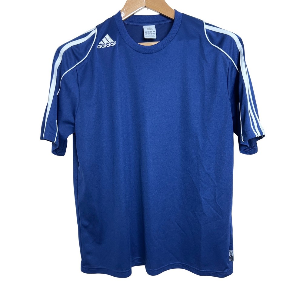 Adidas Climalite Jersey Men Large Blue 3-Stripe Short Sleeve Soccer 20 Tee C20